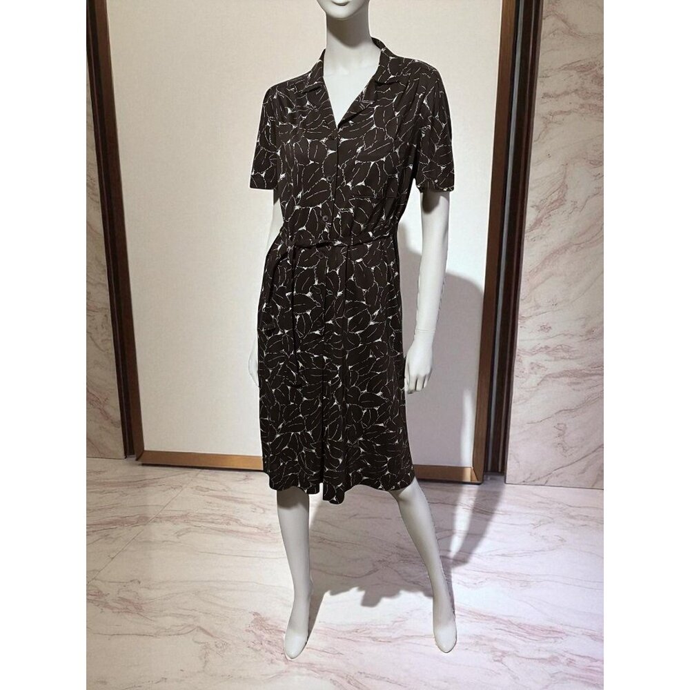 VTG Rodier Paris Autumn Leaves Dress 44 (L) Belted Playful Minimalist Neutral